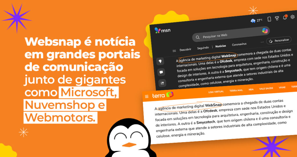 Websnap é notícia em grandes portais de comunicação junto de gigantes como Microsoft, Nuvemshop e Webmotors.